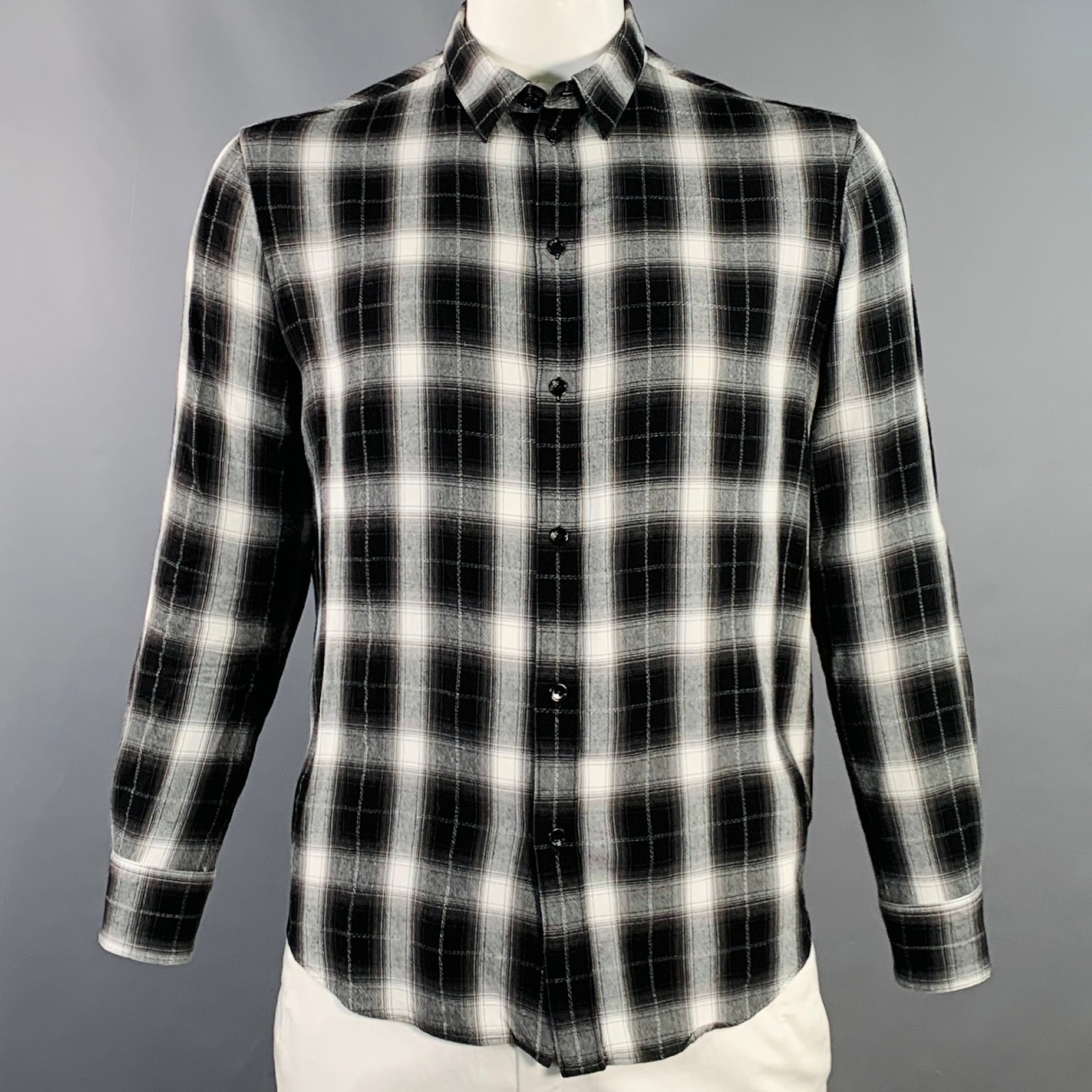 Celine Size Xxl Black White Plaid Viscose Cotton Button Down Long Sleeve Shirt